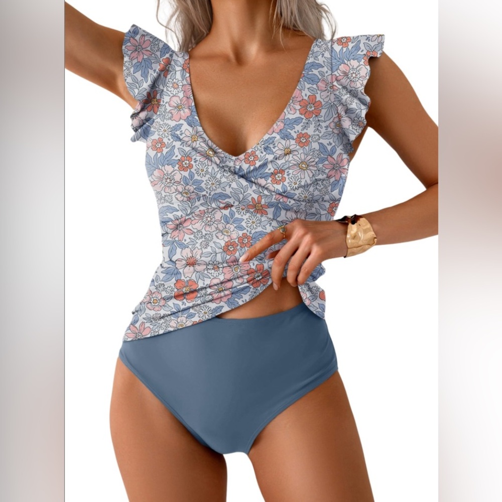 Floral Ruffle Tankini Top with Solid High-Waist Bottom - Blue Floral